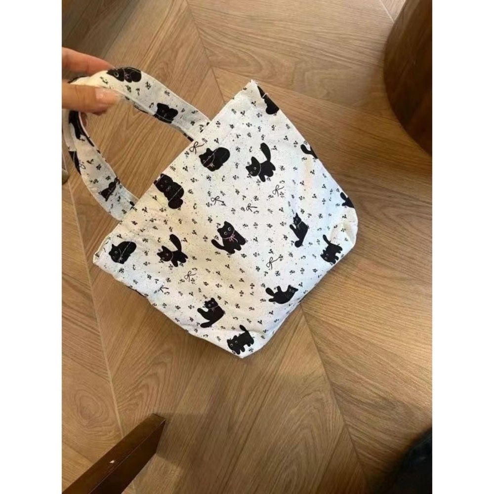 Small Black Cat Print White Tote Bag